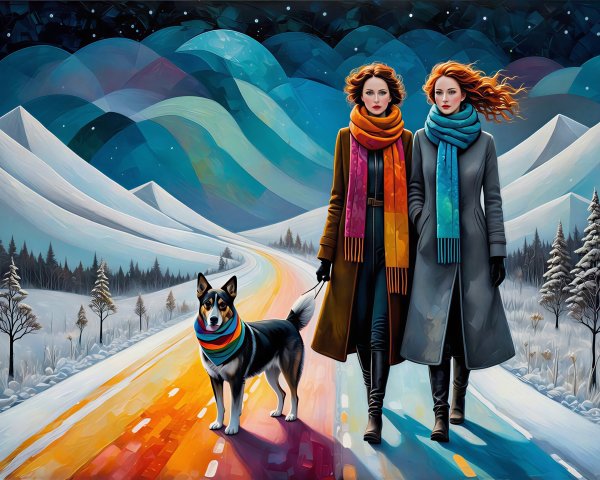 Women with red hair and dog on colorful snowy road