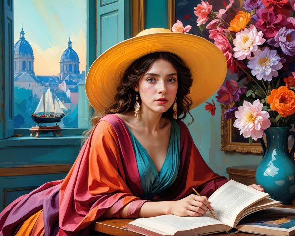 Young woman at table with flowers and open book