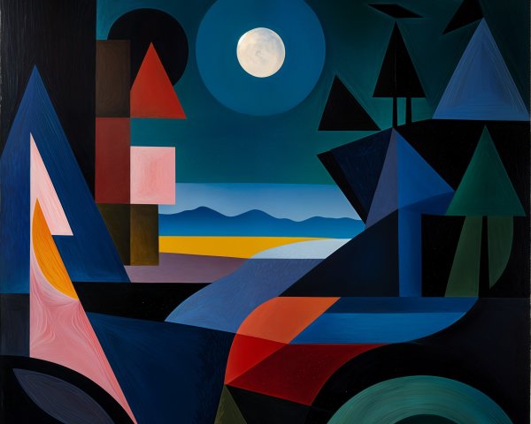 Abstract Landscape with Moonlight and Geometric Shapes