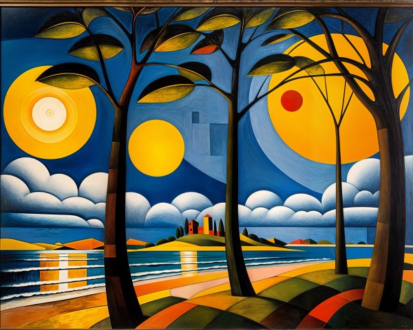 Vibrant Landscape with Two Yellow Suns and Abstract Forms