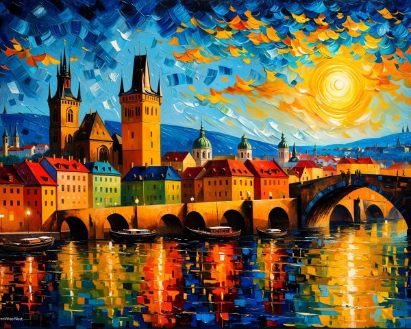Impressionistic Cityscape at Dusk with Reflections