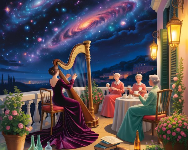 Elegant Balcony Evening with Cosmic Backdrop and Harp