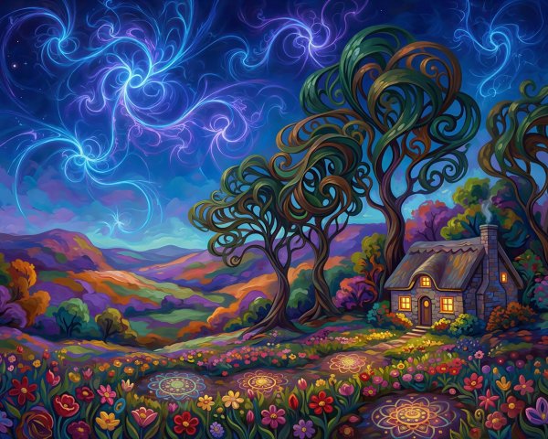 Vibrant painting of a cottage in a colorful landscape
