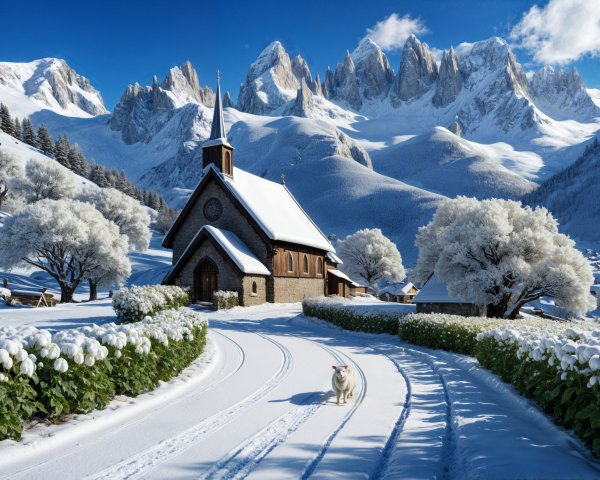 Winter Landscape with Church and Snowy Mountains
