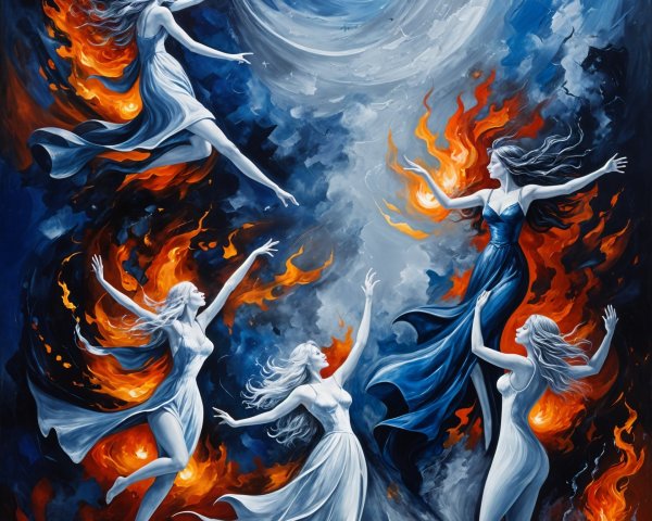 Ethereal Figures Dancing in Clouds and Flames