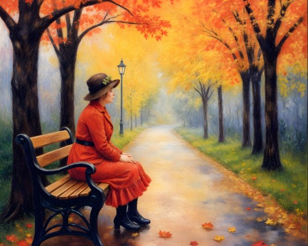 Vintage Red Dress in Autumn Park Scene with Streetlamp