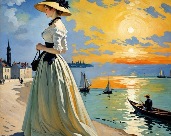 Victorian Dress by the Shore at Sunset