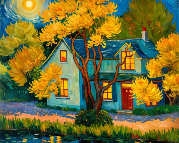 Impressionistic Autumn Scene with Blue House and Pond