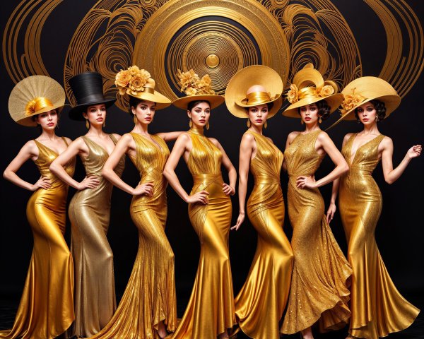 Glamorous Gold Evening Gowns with Elaborate Hats
