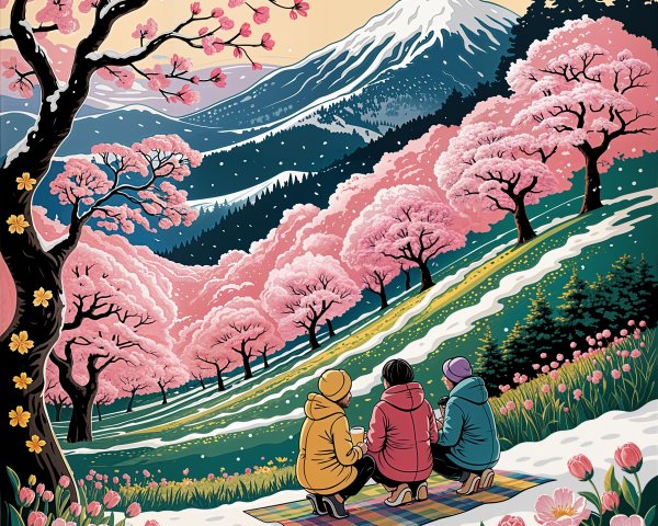 Colorful Landscape with Figures and Snow-Capped Mountains