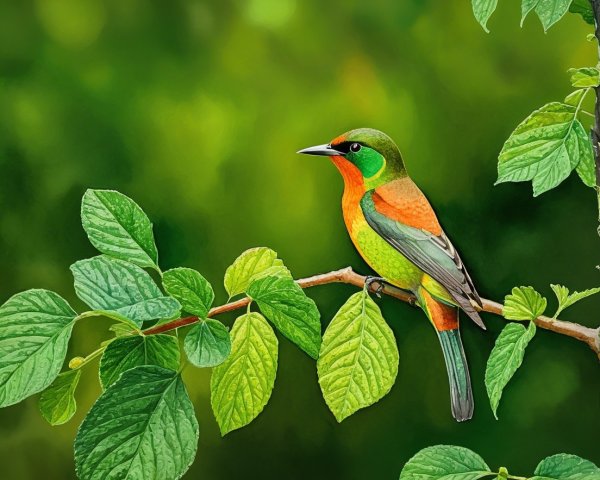 Vividly Colored Bird Perched Among Lush Green Leaves