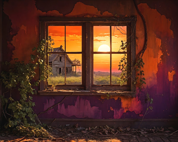 Sunset Colors in an Abandoned Room with Nature's Touch