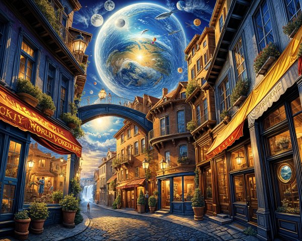 Whimsical Street Scene with Fantasy and Cosmic Elements