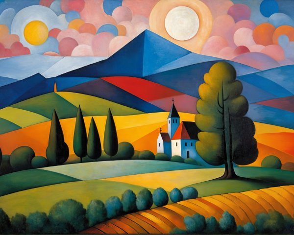 Vibrant Landscape with Hills, Church, and Mountains