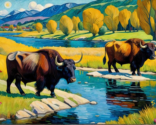 Bison by a River in Autumn Landscape with Wildflowers
