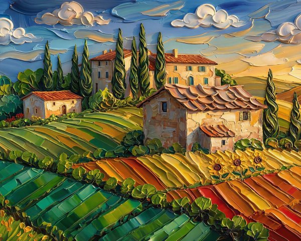 Impasto Painting of a Rolling Landscape with Farmhouses
