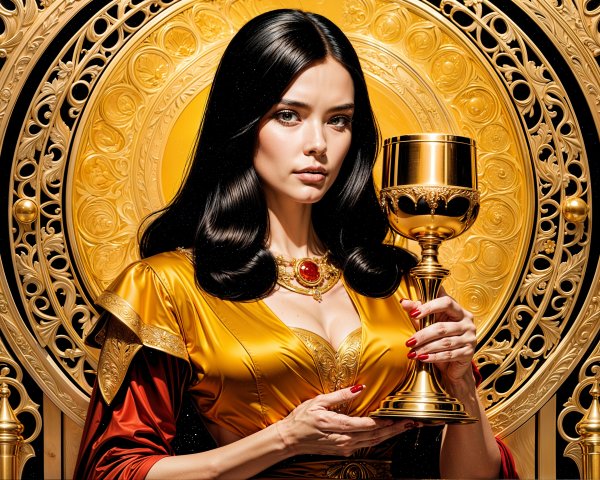 Regal woman with chalice in ornate gown and backdrop