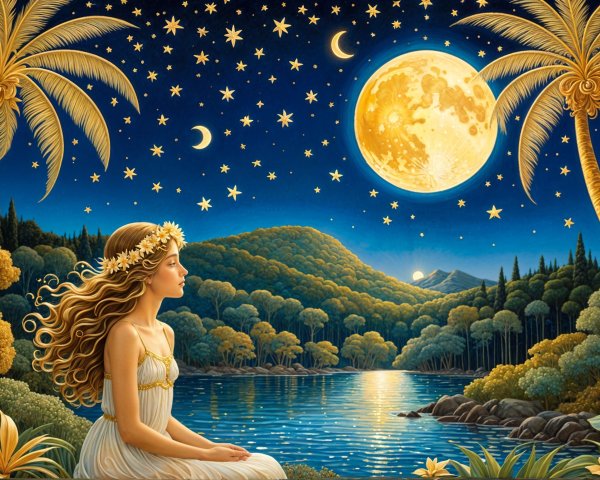 Young Woman by Tranquil Lake Under Starry Sky