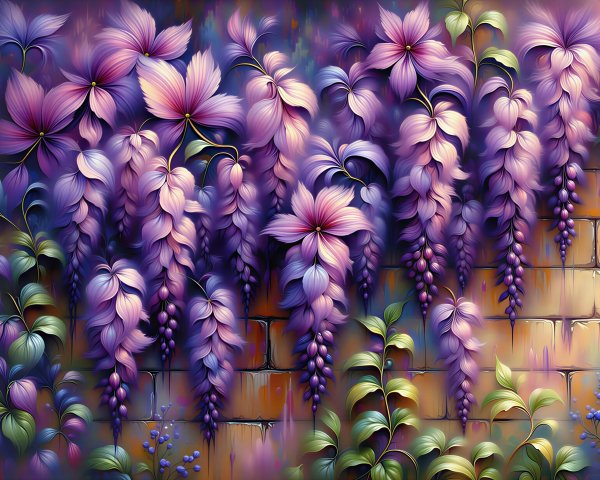 Vibrant Digital Painting of Purple Wisteria Flowers