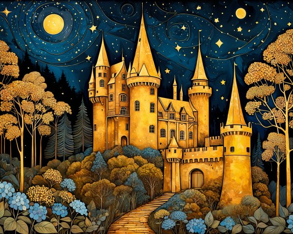 Golden Castle Surrounded by Vibrant Forest at Night