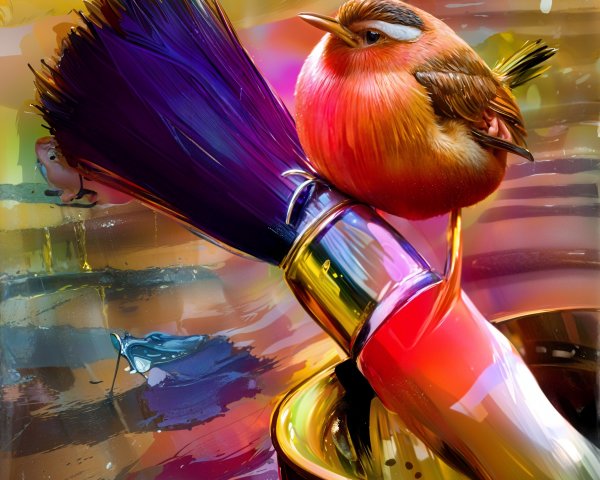 Vibrant Bird on Paintbrush in Colorful Setting