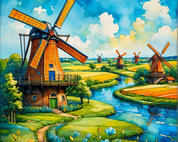 Vibrant Windmills and Lush Countryside Landscape