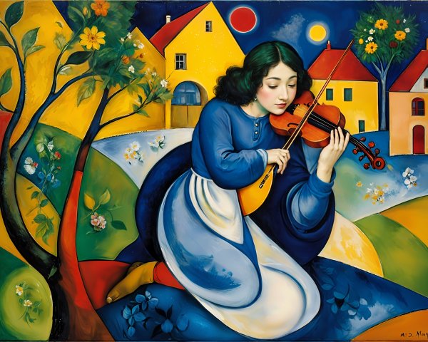 Young Woman in Blue Dress Playing Violin on Hillside