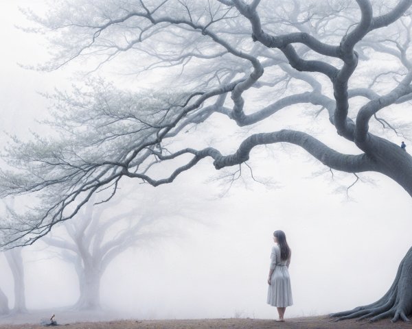 Solitary Figure in Misty Landscape with Trees