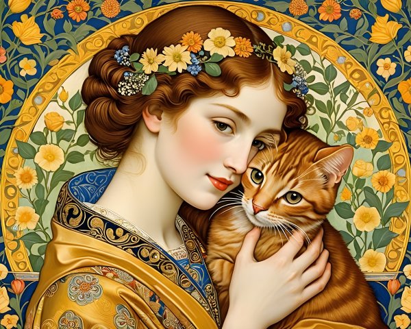 Young woman in golden robe with ginger cat and flowers