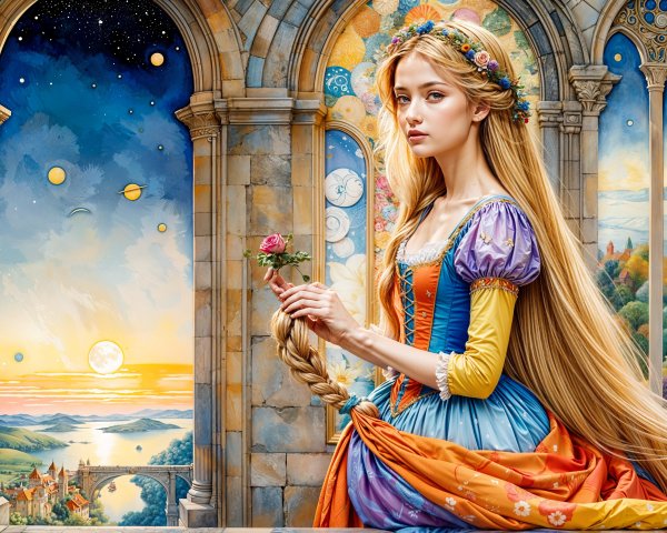 Maiden in Floral Crown Against Scenic Sunset Landscape