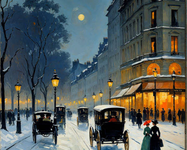 Wintry Paris Street Scene with Snow and Street Lamps