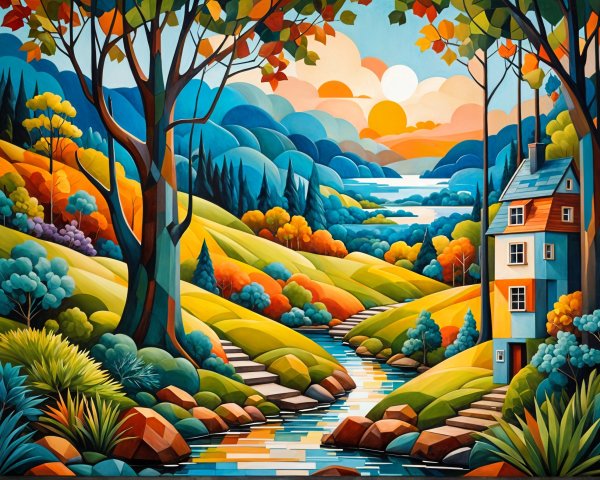 Vibrant Landscape with Rolling Hills and Whimsical House
