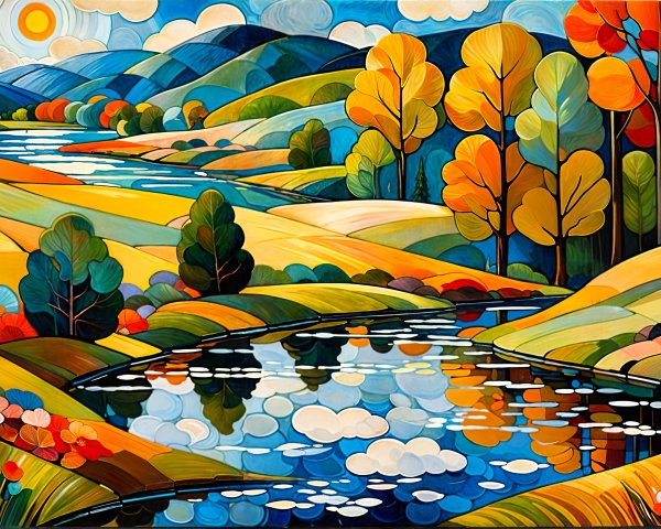 Vibrant Landscape with River and Autumn Foliage