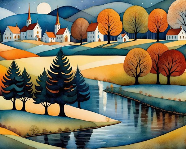 Watercolor Autumn Landscape with Rolling Hills and Village