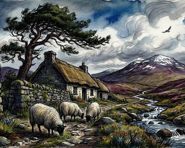 Watercolor Painting of Cottage with Sheep and Mountains