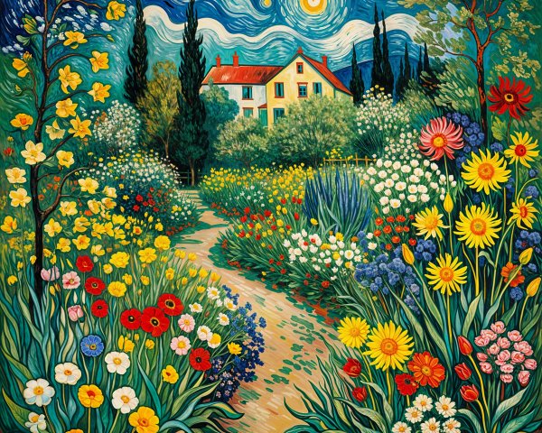 Vibrant Garden with Colorful Flowers and Charming House