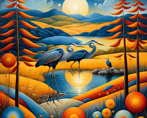 Herons by a Serene Lake in a Vibrant Landscape