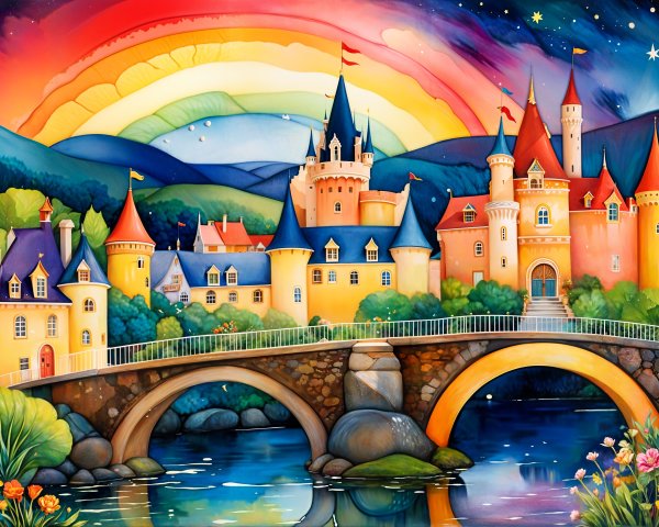 Vibrant Fairytale Landscape with Castle and Rainbow