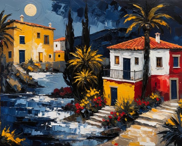 Vibrant Nocturnal Scene with Colorful Houses and Palm Trees