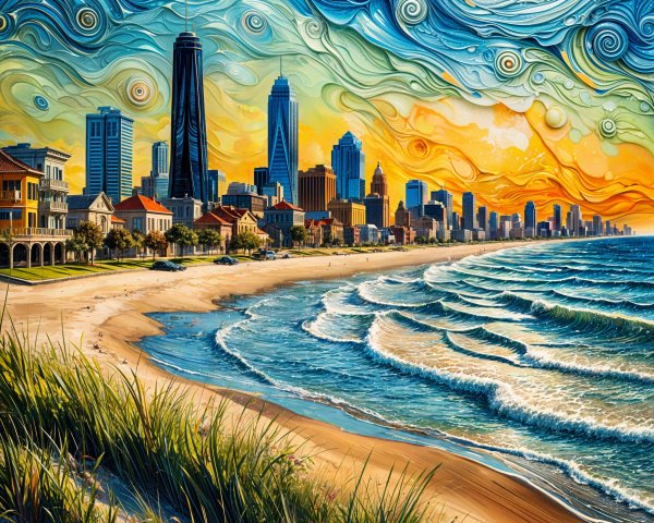 Coastal City Skyline at Sunset with Vibrant Colors