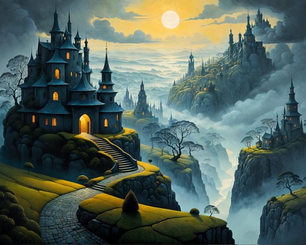 Mystical Landscape with Castles and Ethereal Mist