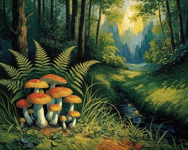 Lush forest scene with red-capped mushrooms and ferns