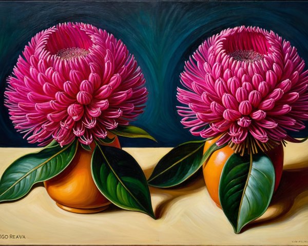 Vibrant Flowers in Orange Vases with Dark Background