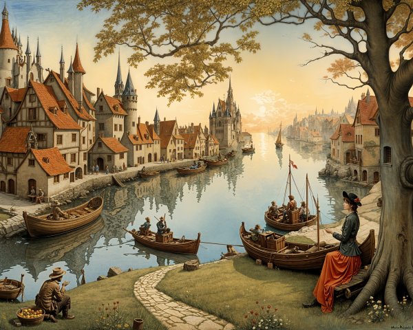 Medieval Town by Riverside at Sunset with Boats