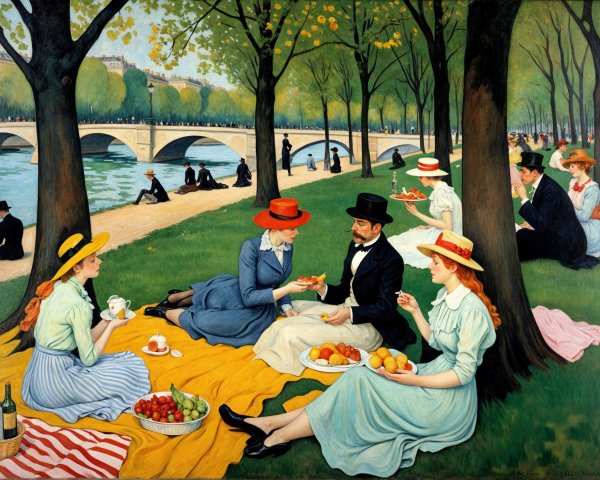 19th-Century Riverside Picnic Scene with Elegant Guests