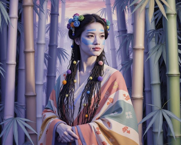 Young Woman in Vibrant Kimono in Bamboo Grove