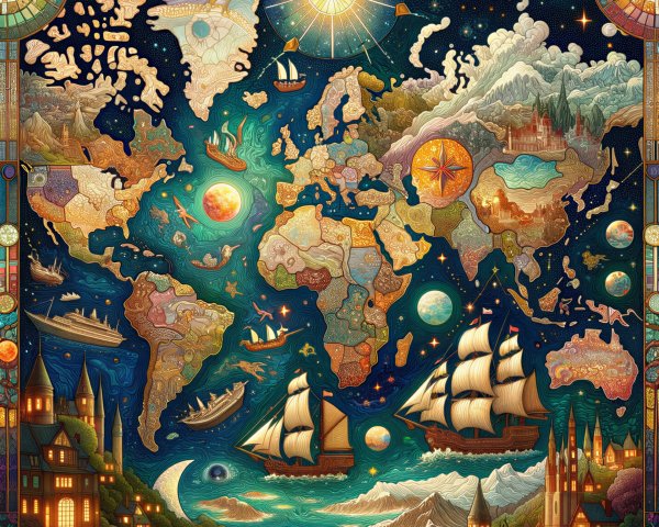 Vibrant World Map Illustration with Celestial Motifs