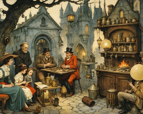 Medieval Village Gathering with Lanterns and Curiosities