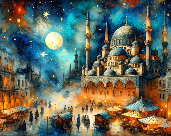 Vibrant Nighttime Marketplace with Mosque and Lanterns