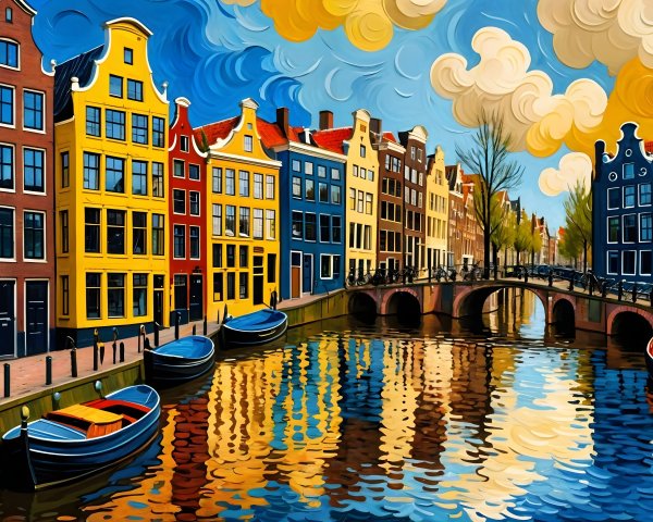 Vibrant Canal Scene with Colorful Gabled Buildings